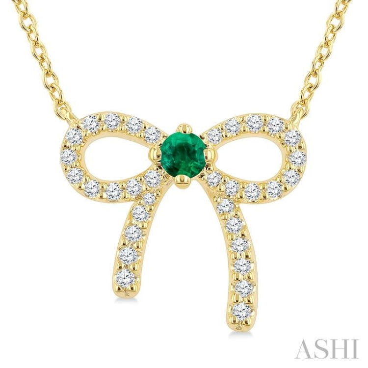 2.40 MM Round Shape Emerald and 1/8 Ctw Bow Round Cut Diamond Fashion Pendant With Chain in 10k Yellow Gold