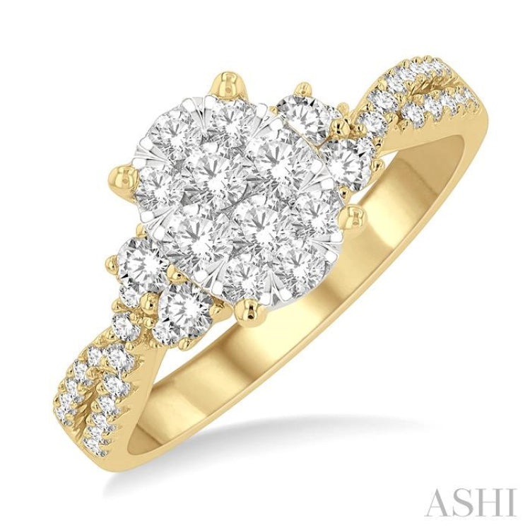 3/4 Ctw Oval Shape Center Criss-Cross Shank Lovebright Round Cut Diamond Engagement Ring in 14K Yellow and White gold