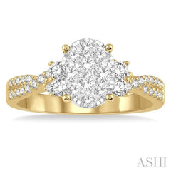 3/4 Ctw Oval Shape Center Criss-Cross Shank Lovebright Round Cut Diamond Engagement Ring in 14K Yellow and White gold