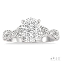 5/8 Ctw Oval Shape Center Split Criss Cross Shank Lovebright Round Cut Diamond Engagement Ring in 14K White Gold