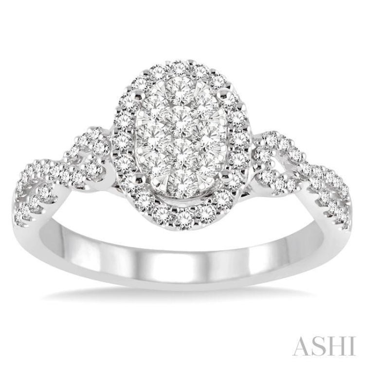 5/8 ctw Oval Shape Round Cut Diamond Lovebright Ring in 14K White Gold