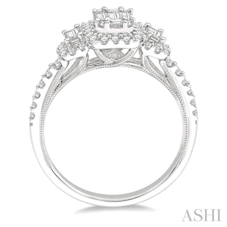 3/4 Ctw Layered Round Cut and Baguette Diamond Ring in 14K White Gold