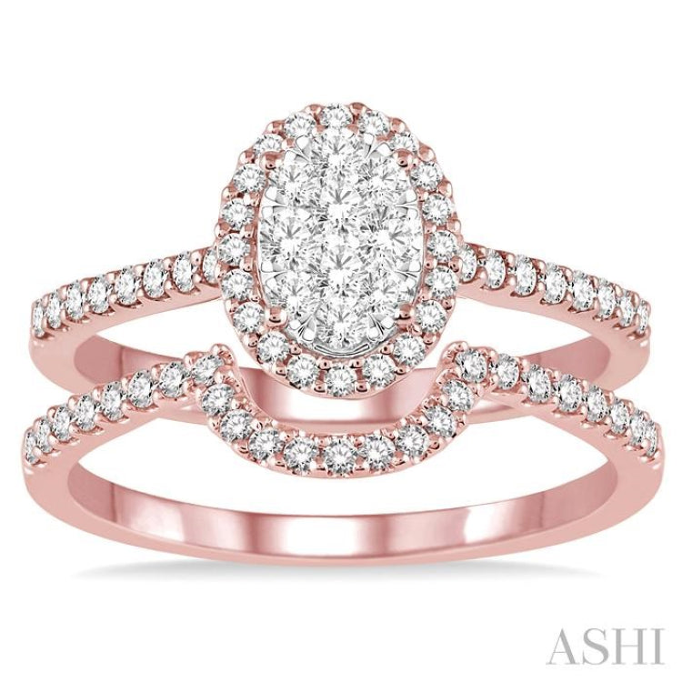 3/4 ctw Oval Shape Diamond Lovebright Wedding Set with 1/2 ctw Engagement Ring and 1/5 ctw Wedding Band in 14K Rose and White Gold