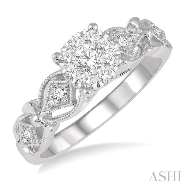 3/8 Ctw Circular Mount Lattice Lovebright Round Cut Diamond Ring in 14K White Gold