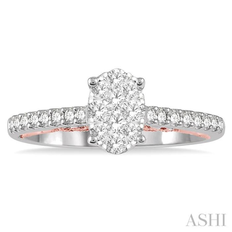 1/2 Ctw Oval Shape Lovebright round Cut Diamond Ring in 14K White and Rose Gold