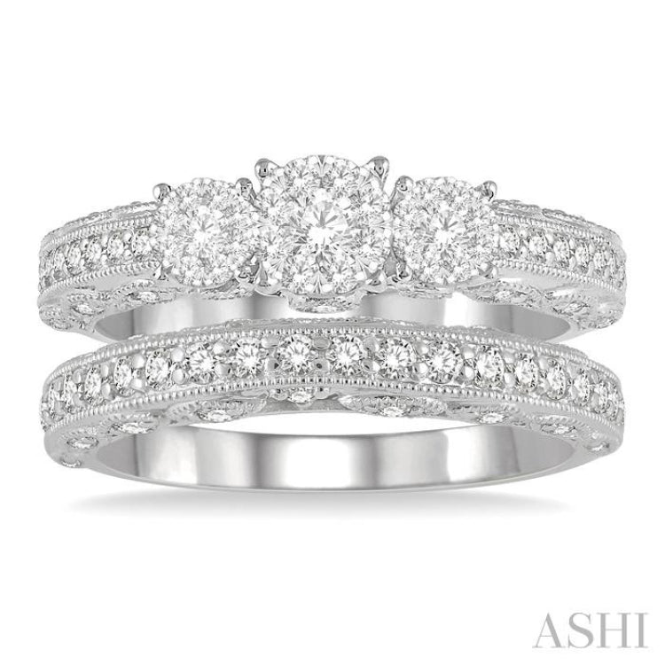 1 Ctw Lovebright Round Cut Diamond Wedding Set With 1/2 Ctw Tri-Mount Engagement Ring and 3/8 Ctw Lattice Wedding Band in 14K White Gold