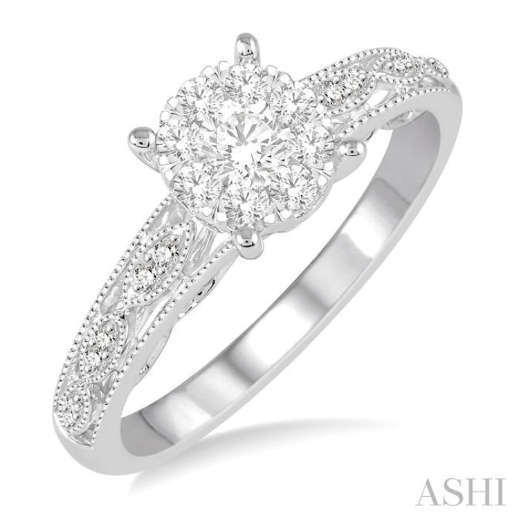 1/3 Ctw Round Cut Diamond Lovebright Engagement Ring in 14K White Gold