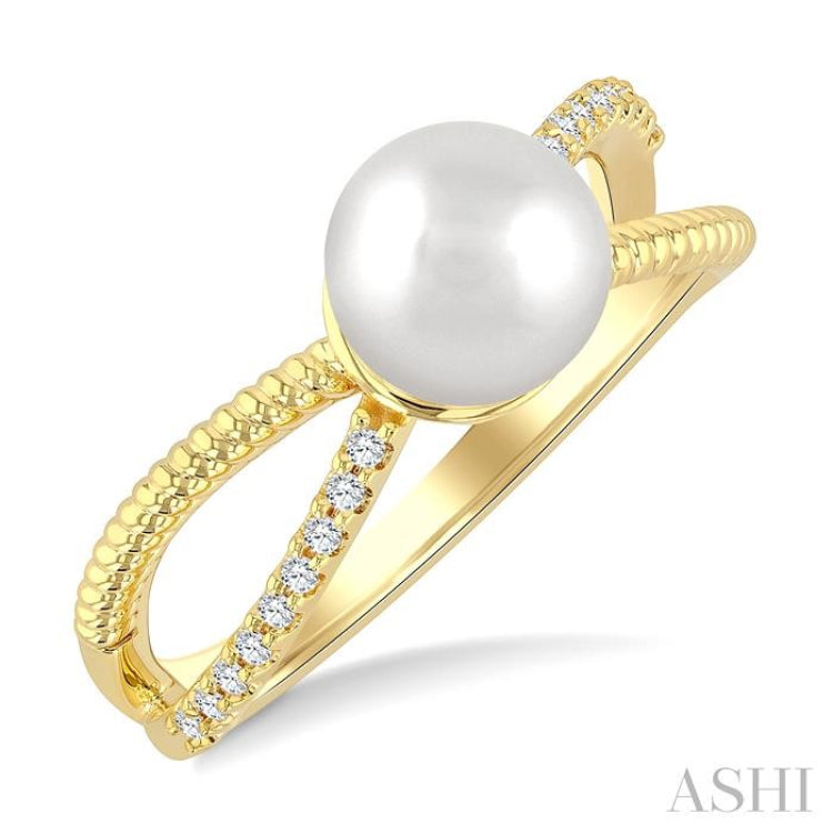 7MM Cultured Pearl and 1/10 Ctw Single Cut Diamond Criss-Cross Fashion Ring in 10K Yellow Gold