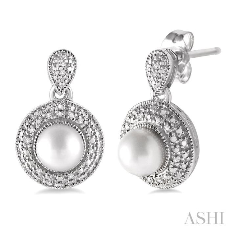 6x6 MM Cultured Pearls and 1/20 Ctw Round Cut Diamond Earrings in Sterling Silver