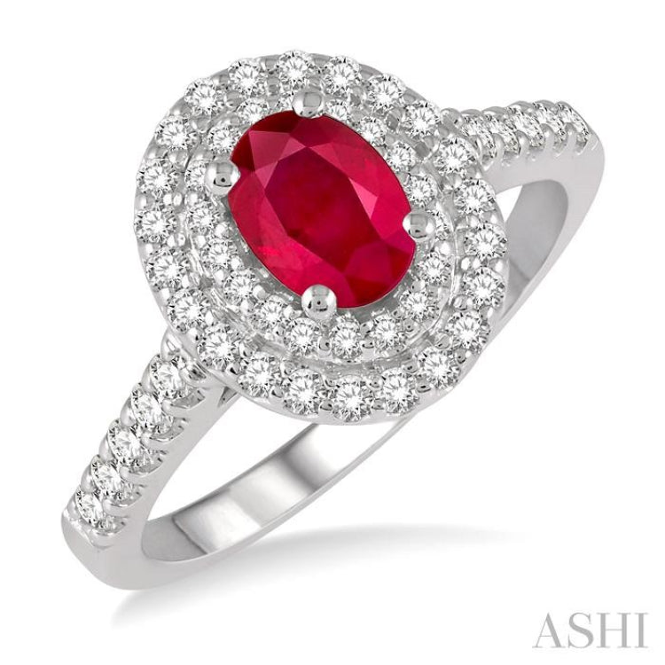 7x5 MM Oval Shape Ruby and 1/2 Ctw Round Cut Diamond Precious Ring in 14K White Gold