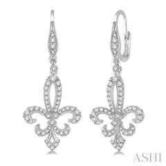 3/4 Ctw Fleur De Lis Round Cut Diamond Hanging Earrings in 14K White Gold