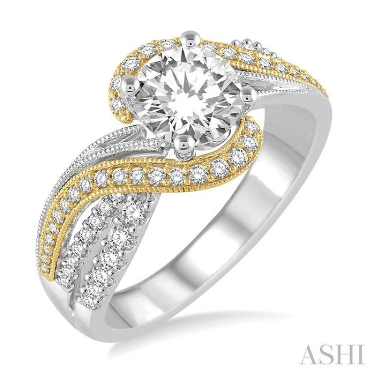 1/2 Ctw Embraced Two Tone Semi-Mount Round Cut Diamond Engagement Ring in 14K White and Yellow Gold