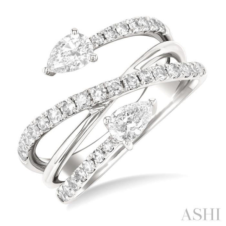 1.00 Ctw East West Pear and Round Cut Diamond Split Open-End Fashion Ring in 14K White Gold