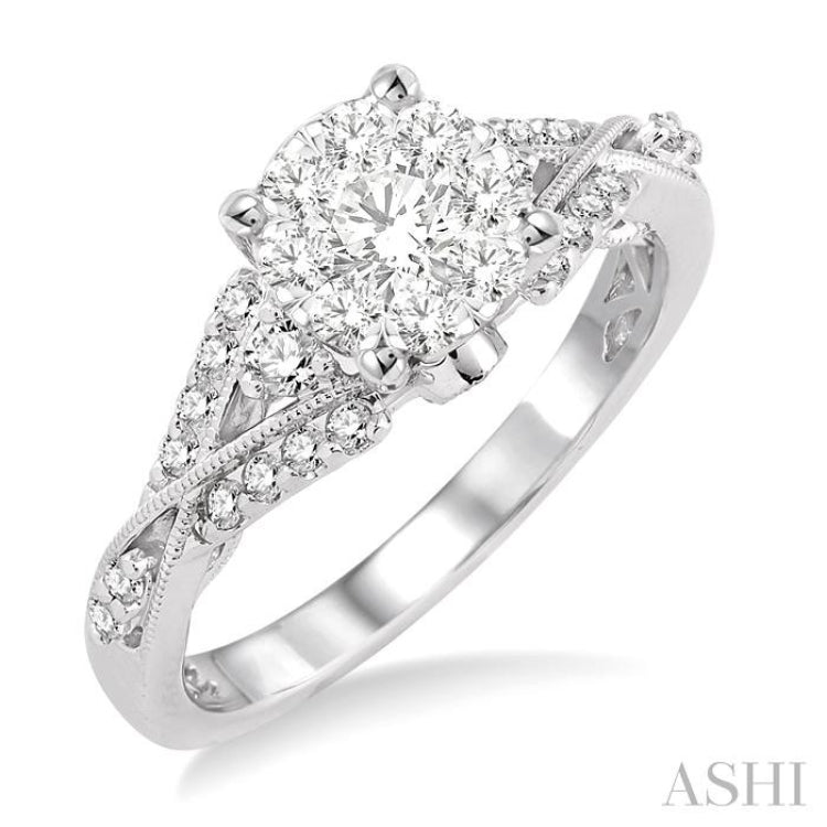 5/8 ctw Round Cut Diamond Lovebright Engagement Ring in 14K White Gold