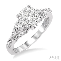 5/8 ctw Round Cut Diamond Lovebright Engagement Ring in 14K White Gold