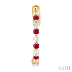 2 MM Round Cut Ruby and 1/2 ctw Round Cut Diamond Precious Inside-Out Alternating Hoop Earrings in 14K Yellow Gold