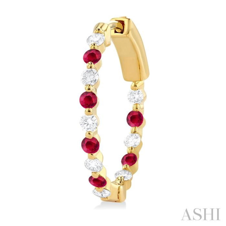 2 MM Round Cut Ruby and 1/2 Ctw Round Cut Diamond Precious Inside-Out Alternating Hoop Earrings in 14K Yellow Gold