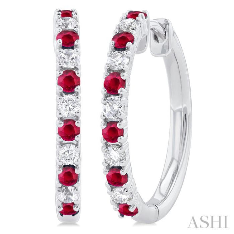 1.80 MM Round Shape Ruby and 1/4 ctw Round Cut Diamond Precious Hoop Earring in 10K White Gold