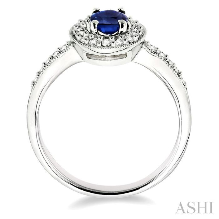 6x4 MM Oval Cut Sapphire and 1/4 Ctw Round Cut Diamond Ring in 14K White Gold