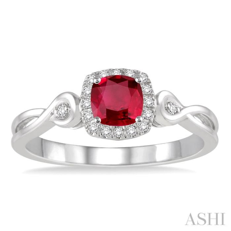 4x4 MM Cushion Shape Ruby and 1/10 Ctw Round Cut Diamond Ring in 10K White Gold