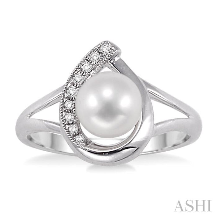 6.5 MM Round Shape Cultured Pearl and 1/20 ctw Round Cut Diamond Ring in 14K White Gold