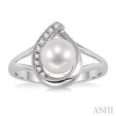 6.5 MM Round Shape Cultured Pearl and 1/20 ctw Round Cut Diamond Ring in 14K White Gold