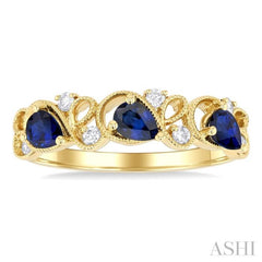 4x3 MM Pear Cut Sapphire and 1/10 Ctw Lattice Round Cut Diamond Precious Band in 14K Yellow Gold
