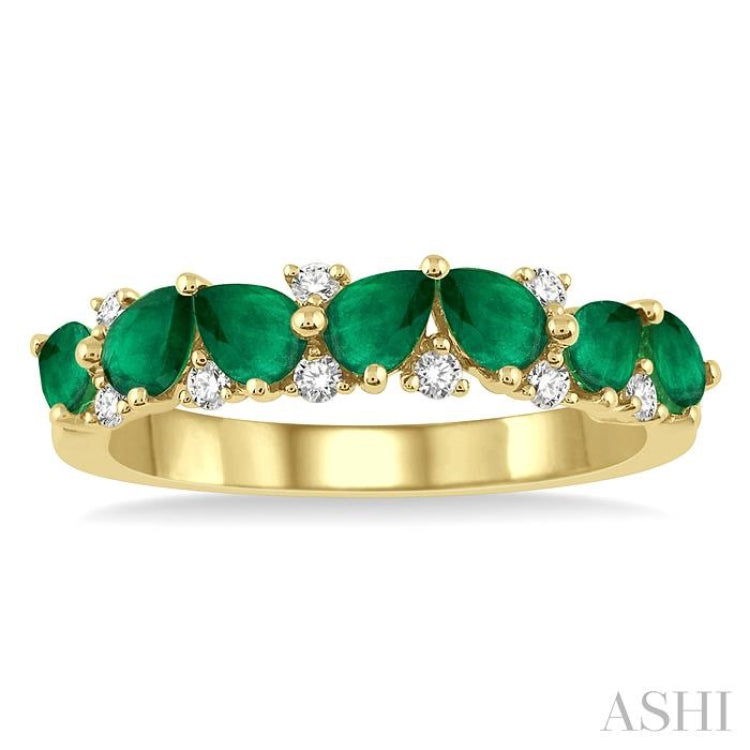 4x3 MM Pear Shape Emerald and 1/6 Ctw Round Cut Diamond Precious Band in 14K Yellow Gold