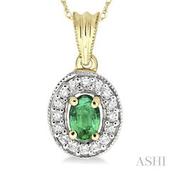 6x4 MM Oval Cut Emerald and 1/5 Ctw Round Cut Diamond Pendant in 14K Yellow Gold with Chain