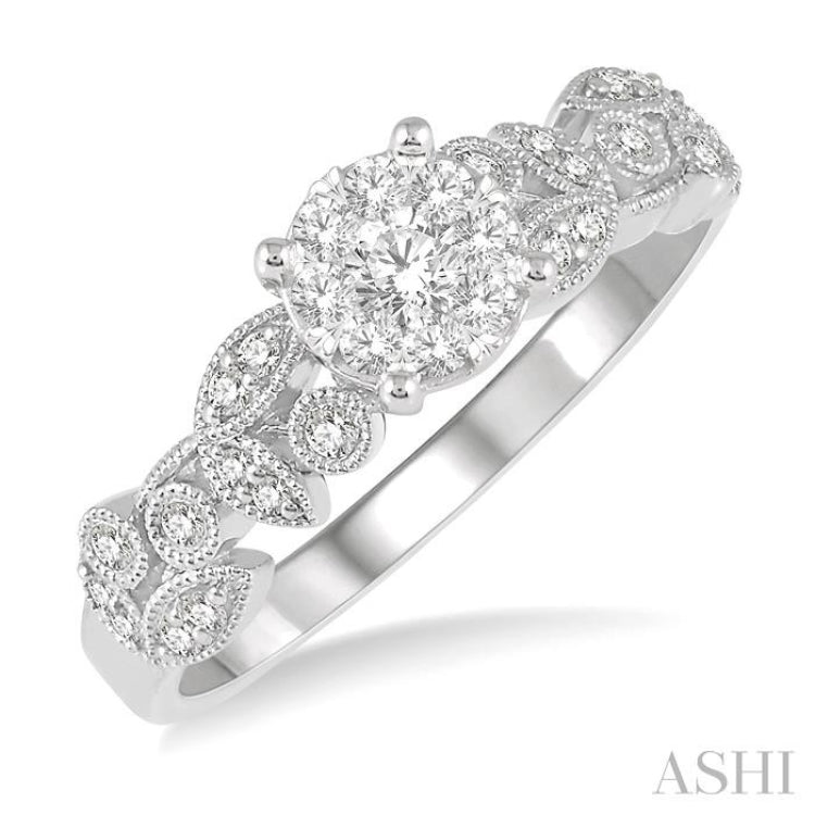 3/8 ctw Round Cut Diamond Lovebright Engagement Ring in 14K White Gold