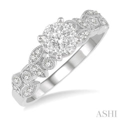 3/8 ctw Round Cut Diamond Lovebright Engagement Ring in 14K White Gold