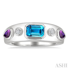 6x4 MM Octagon Shape Blue Topaz & 5x3 MM Pear Shape Amethyst and 1/20 Ctw Round Cut Diamond Semi-Precious Ring in Sterling Silver
