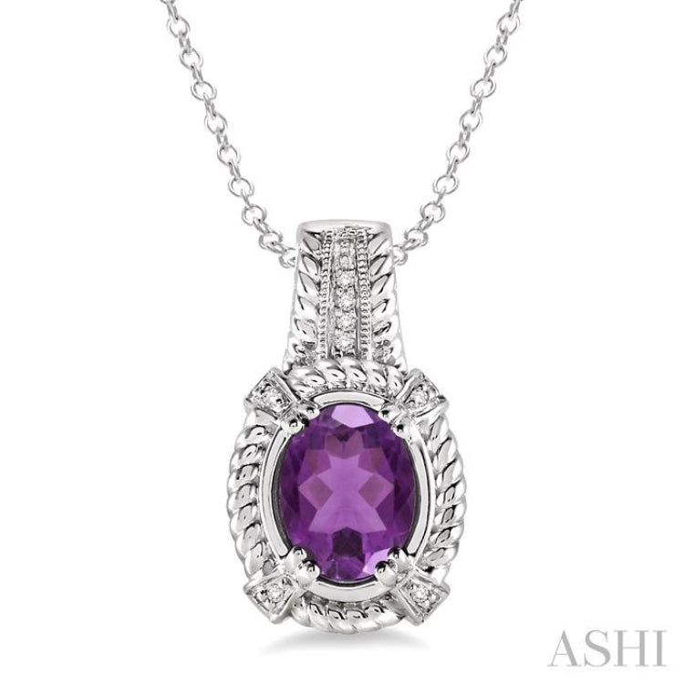 9x7 MM Oval Cut Amethyst and 1/50 Ctw Single Cut Diamond Pendant in Sterling Silver with Chain