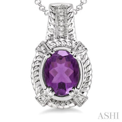 9x7 MM Oval Cut Amethyst and 1/50 Ctw Single Cut Diamond Pendant in Sterling Silver with Chain