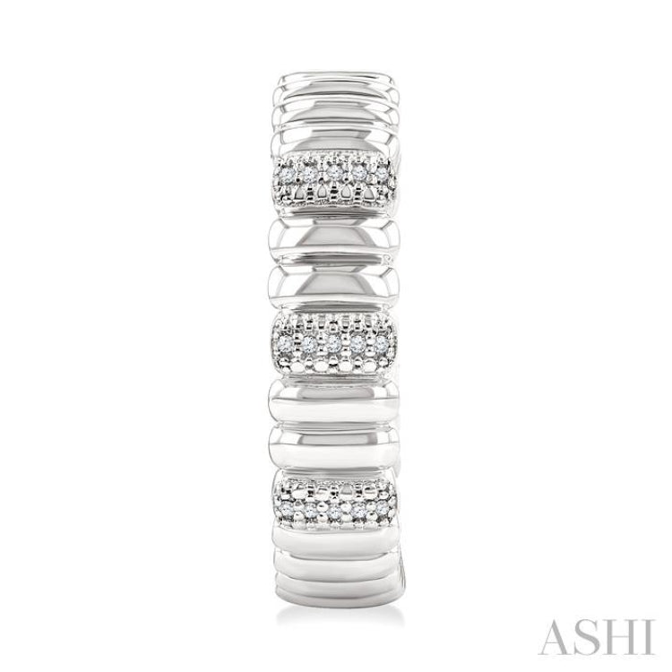 1/10 Ctw Wide Ribbed Plain Polished and Round Cut Diamond Pirouette Bold Fashion Hoop Earrings in Sterling Silver