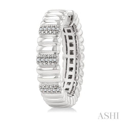 1/10 Ctw Wide Ribbed Plain Polished and Round Cut Diamond Pirouette Bold Fashion Hoop Earrings in Sterling Silver