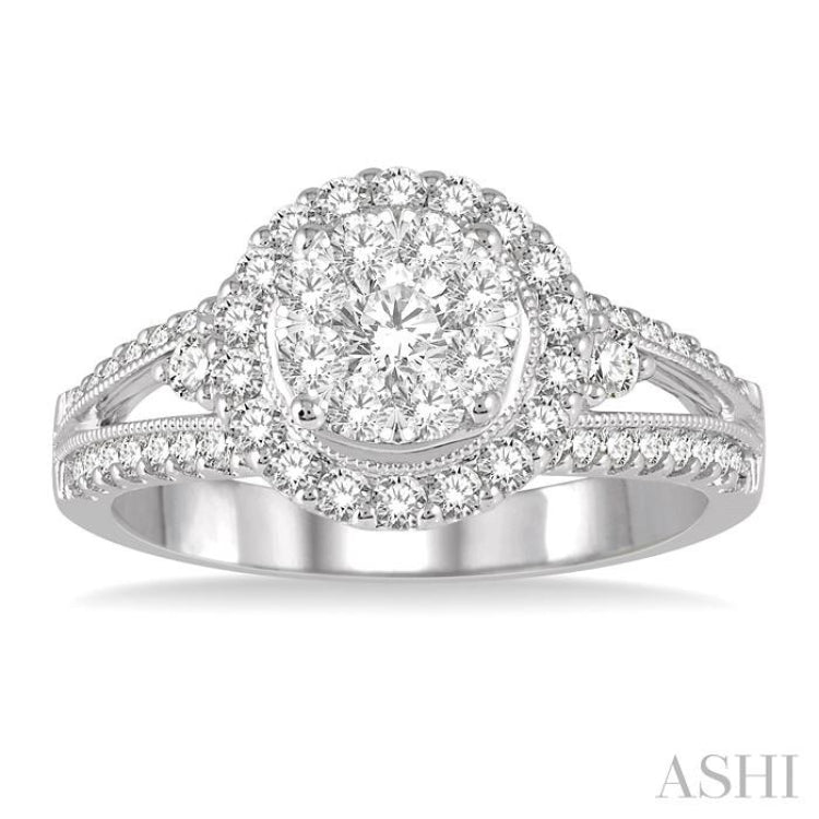 1 1/10 Ctw Lovebright Round Cut Diamond Engagement Ring in 14K White Gold