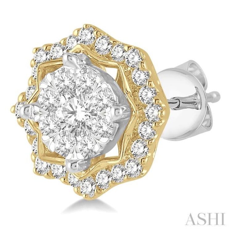 3/4 Ctw Star Lattice Lovebright Round Cut Diamond Earrings in 14K White and Yellow Gold