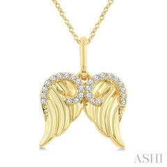 1/10 Ctw Fluted Texture Angel Wing Single Cut Diamond Fashion Pendant With Chain in 10K Yellow Gold