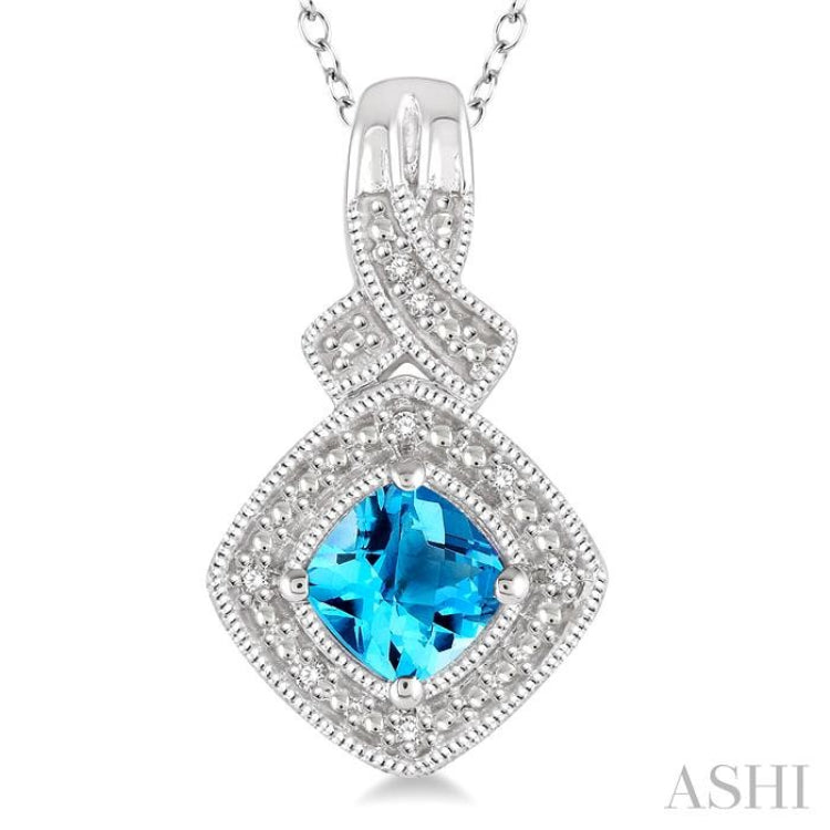 5x5 MM Cushion Shape Blue Topaz and 1/50 Ctw Round Cut Diamond Sterling Silver Pendant With Cable Chain