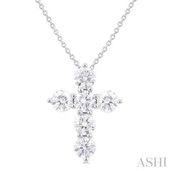 1 1/2 Ctw Round Cut Diamond Christian Cross 6-Stone Fashion Pendant With Chain in 14K White Gold