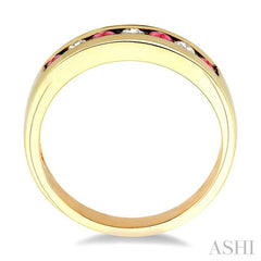 2.5 MM Round Cut Ruby and 1/5 Ctw Channel Set Round Cut Diamond Band in 14K Yellow Gold