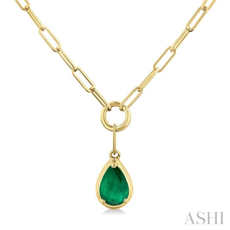 6x4 MM Pear Cut Emerald Solitaire Precious Paperclip Pendant With Chain in 10K Yellow Gold