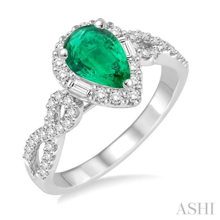 7x5 MM Pear Shape Emerald and 1/2 Ctw Diamond Precious Ring in 14K White Gold
