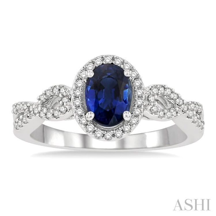 7x5 MM Oval Cut Sapphire and 1/5 Ctw Twisted Split Shank Round Cut Diamond Precious Ring in 14K White Gold