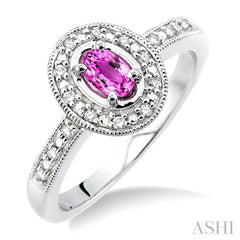 5x3 MM oval cut Pink Sapphire and 1/10 Ctw Single Cut Diamond Ring in 14K White Gold.