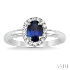 6x4 MM Oval Shape Sapphire and 1/6 Ctw Round Cut Diamond Precious Ring in 14K White Gold