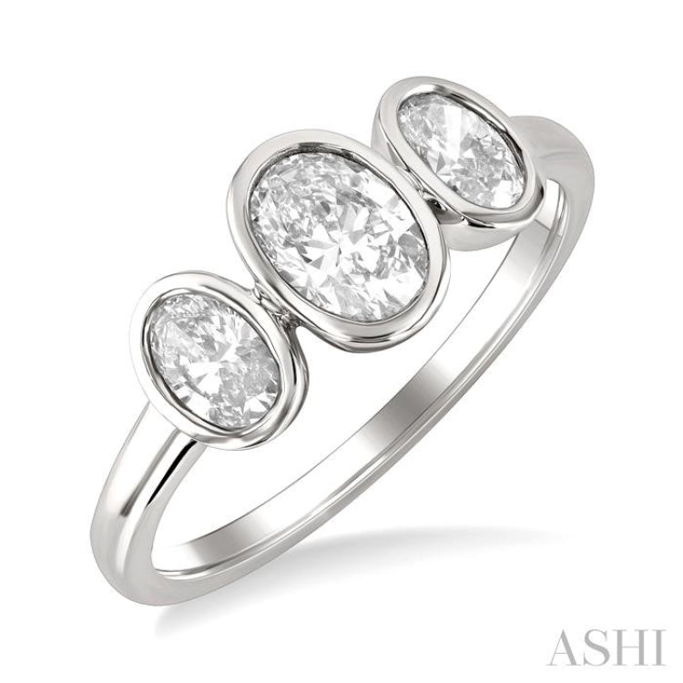 1 Ctw 3-Stone Bezel Set Oval Cut Diamond Ring in 14K White Gold