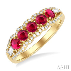 3.1 MM Round Ruby and 1/4 Ctw Baguette and Single Cut Diamond 5-Stone Precious Ring in 14K Yellow Gold