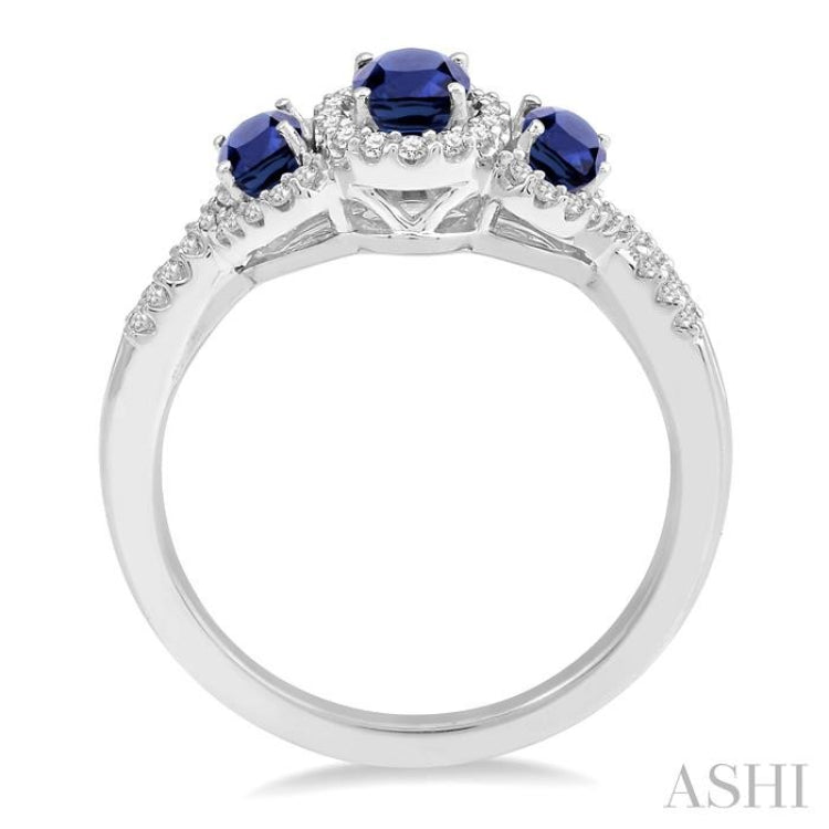 6X4&5x3 MM Oval Shape Triple Sapphire Precious Stone and 1/4 Ctw Round Cut Diamond Ring in 14K White Gold